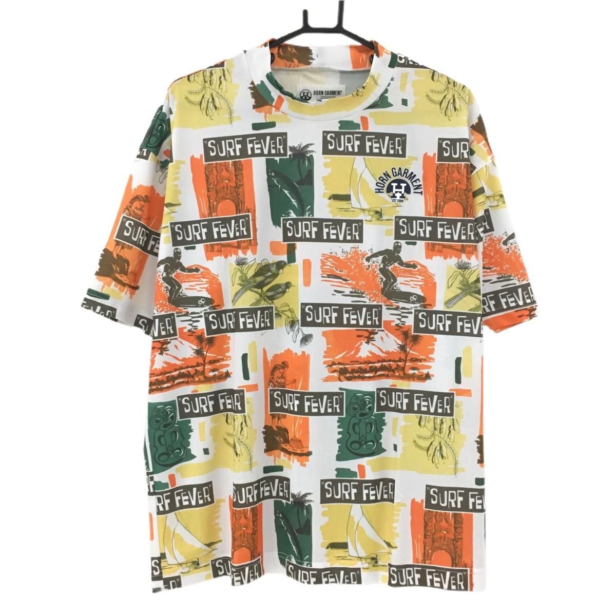 ホーンガーメント 半袖ハイネックシャツ 白×オレンジ 総柄 メンズ 50 XL ゴルフウェア 2025年モデル MARK＆LONA