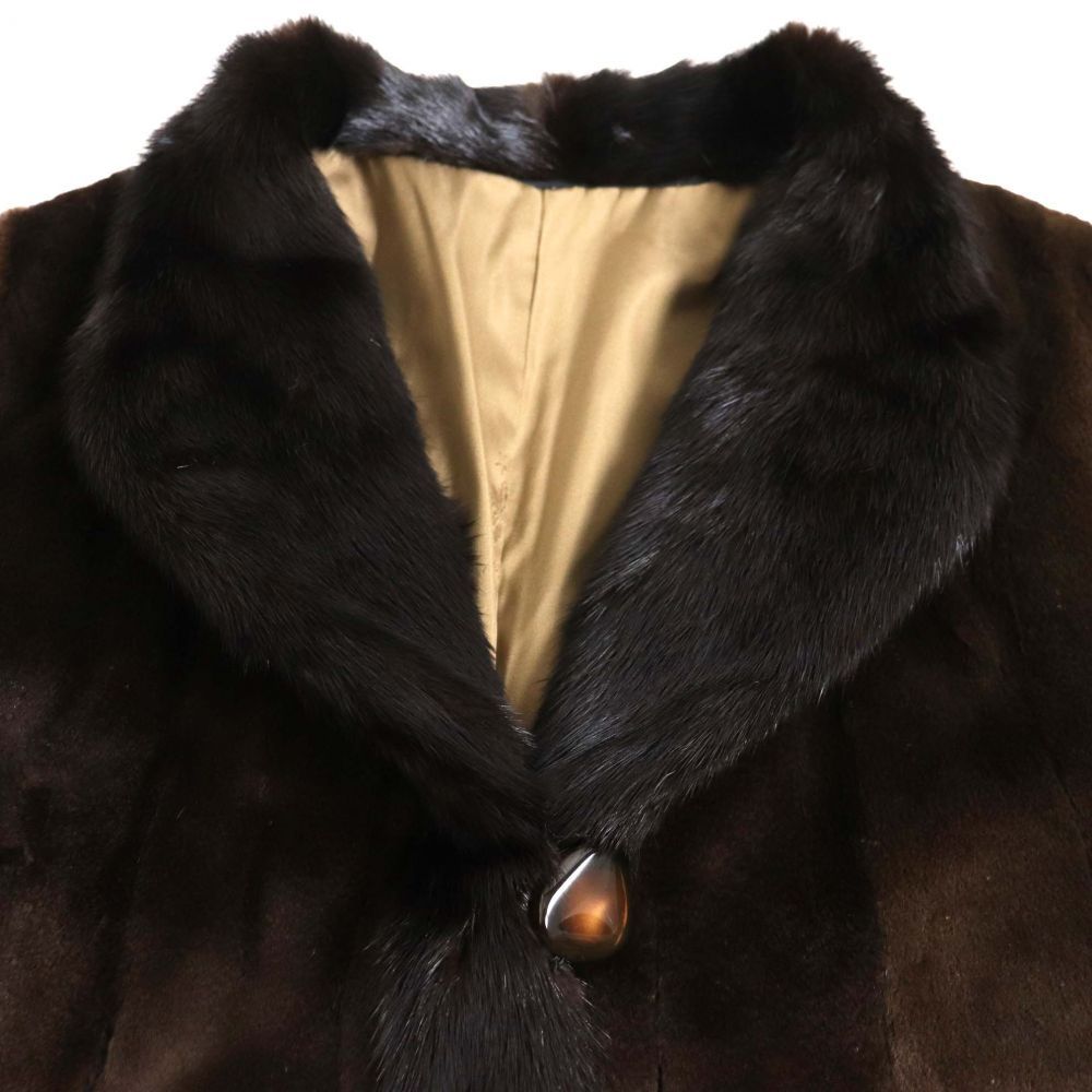 極美品▽MINK シェアードミンク デザイン 本毛皮ロングコート ダーク