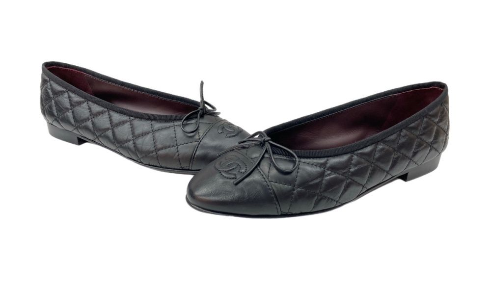 シャネル CHANEL バレリーナ エイジド カーフスキン ココマーク 10C バレエシューズ フラットシューズ キルティング パイピング リボン BLACK 黒 G26250 レディース靴 パンプス ブラック SIZE38 1/2 104S-865