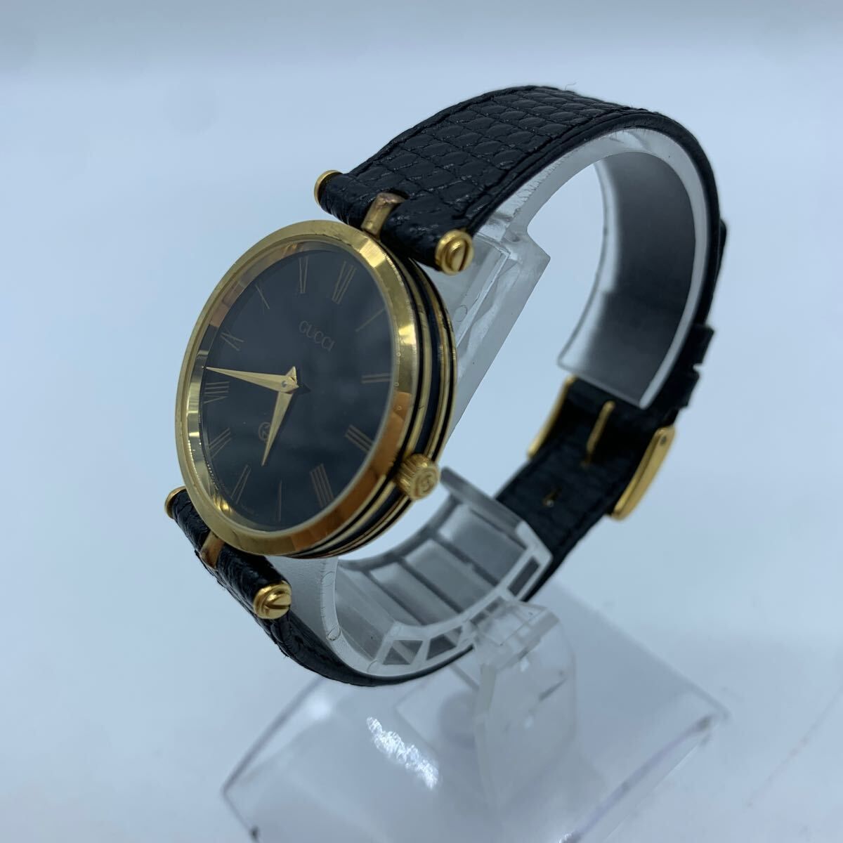 ⭐【美品レア】グッチヴィンテージシェリーラインブラックフェイス腕時計(稼働品) GUCCI グッチ シェリーライン ブラック レザー 腕時計