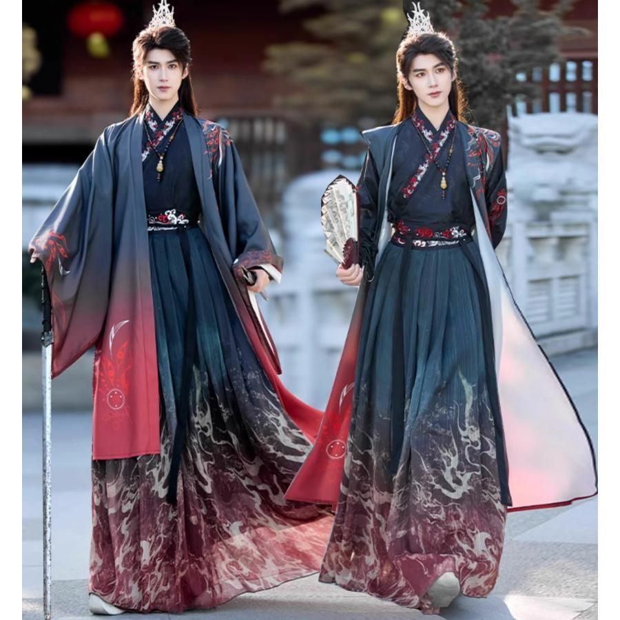 黒赤 グラデーション チャイナ服 羽織付き 華やか 漢服 中華コスプレ衣装 大人 メンズ 中国古代服装 暗黒系 火 のプリント おしゃれ 中
