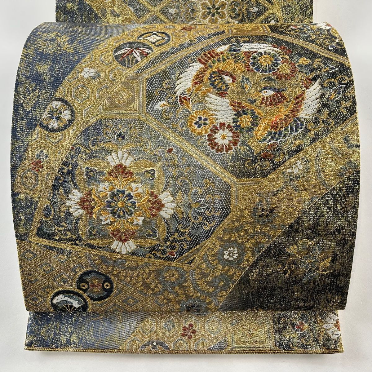 袋帯 美品 秀品 向かい鳥 華文 箔 金糸 青灰色 六通 正絹 【中古