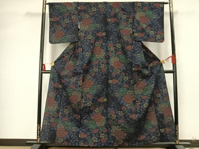 平和屋着物 上質な紬 単衣 草花文 正絹 AABA7626fy