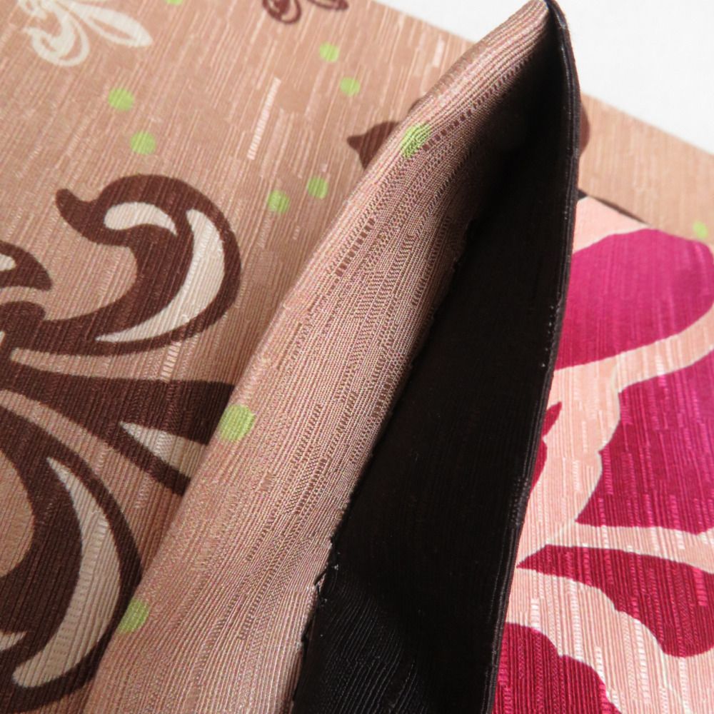 半幅帯 正絹 リバーシブル 黒xライトブラウンxピンク 花模様x