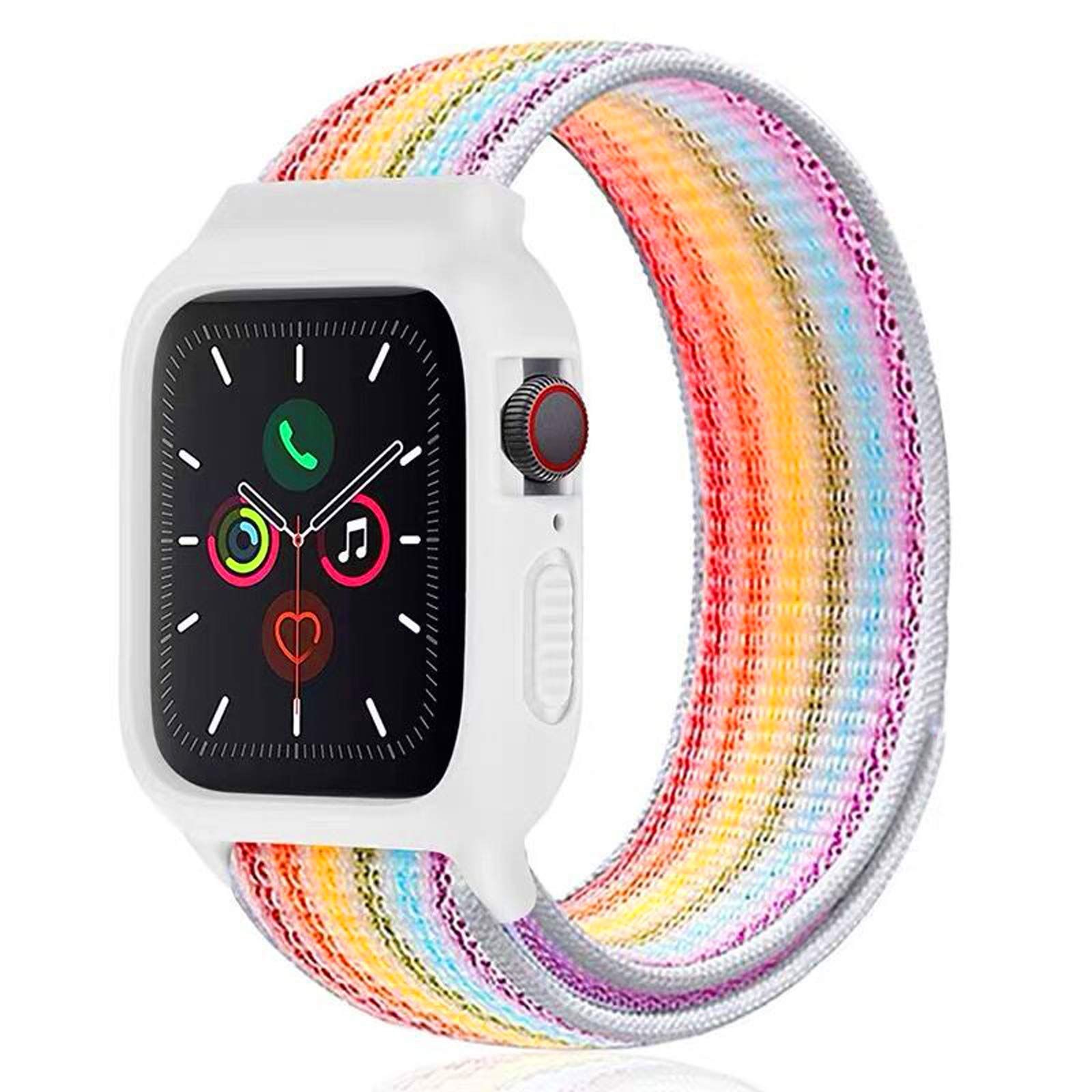 ナイロン製スポーツバンド ケース付き Apple Watchバンド 41mm 40mm 38mm 保護シリコンバンパーケース ナイロンスポーツループストラップ付き シリーズ9/8/ [レインボー] [38mm/40mm/41mm/42mm-Series 10]