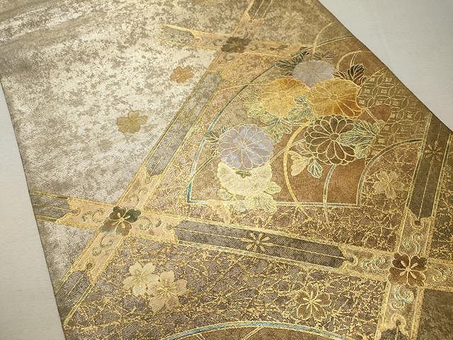 平和屋着物◎太鼓柄袋帯 地紙花文 金彩 引箔 正絹 逸品 CAAU1028yk  