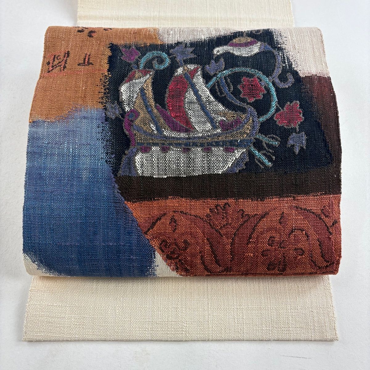 正絹 八寸名古屋帯 松葉仕立て 真綿紬 格子 墨黒 紫 藍色 名古屋