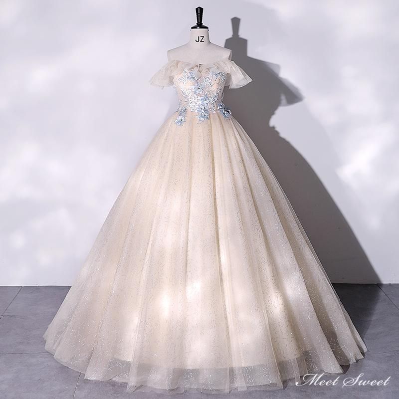 ドレス 編み上げ シャンパン ブルー ロングドレス 結婚式 二次会 発表会 演奏会 ウェディングドレス ウエディングドレス 花嫁 前撮り