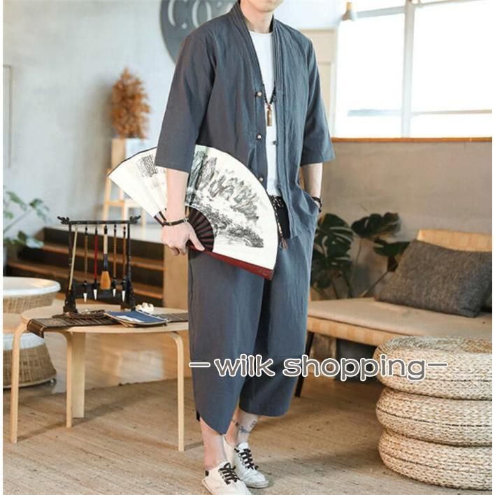 メンズ リネン 夏 無地 上下セット 綿麻上下セット セットアップ リネン 夏 半袖 セットアップ