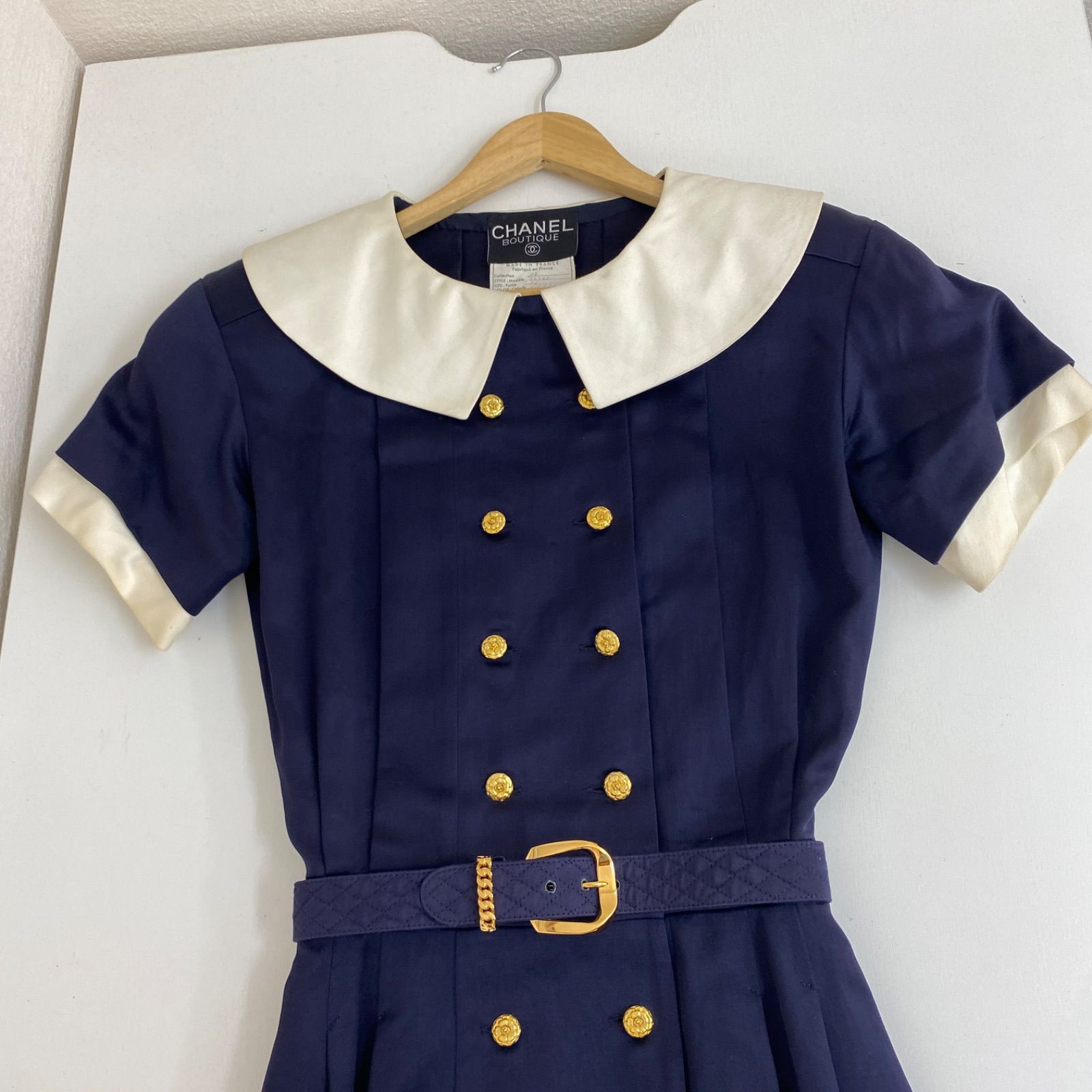 CHANEL 12c カメリア ワンピース　ネイビー　38 CHANEL シャネル 80年代 コットンセーラードレス ワンピース ネイビー