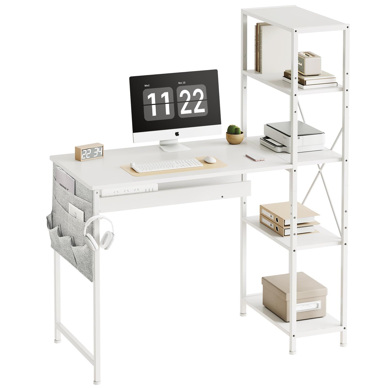 新着商品 YeTom 机 pcデスク 勉強机 ?子 幅104cm 作業机 パソコンデスク A4対応 収納袋付き学習机 computer desk 左右入替可 ワークデスク gaming desk 可動式棚板 オフィスデスク 白い