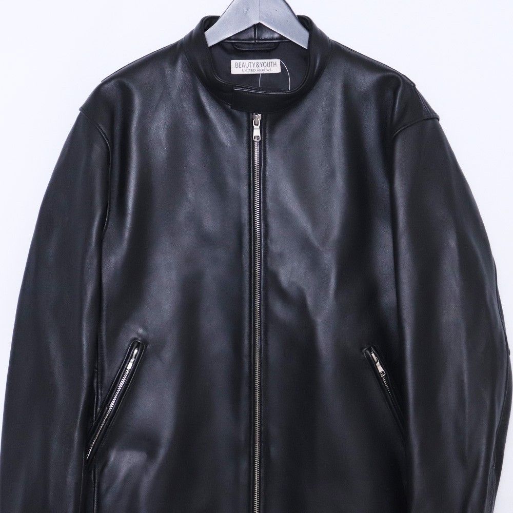 美品【BEAUTY & YOUTH】シープ　シングルライダースジャケット　M BEAUTY&YOUTH ブラックレザーシングルライダースジャケット M