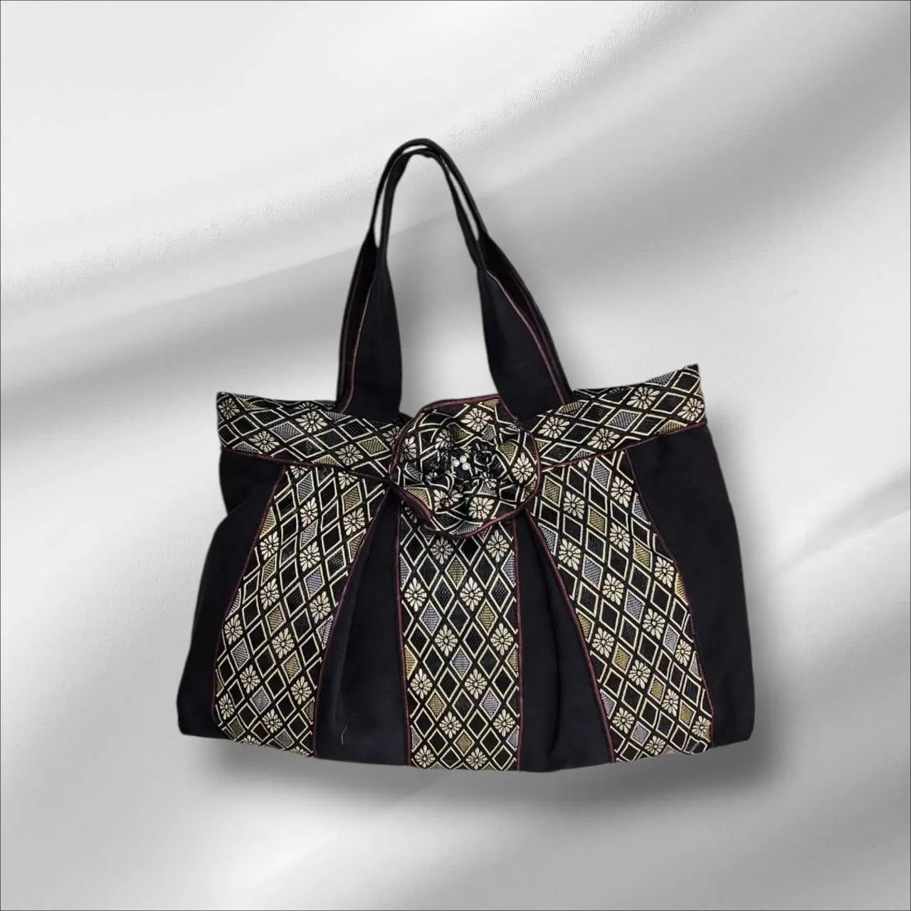 バック　畳のヘリ　ハンドメイド　マチ　ファスナー付き　ブラック