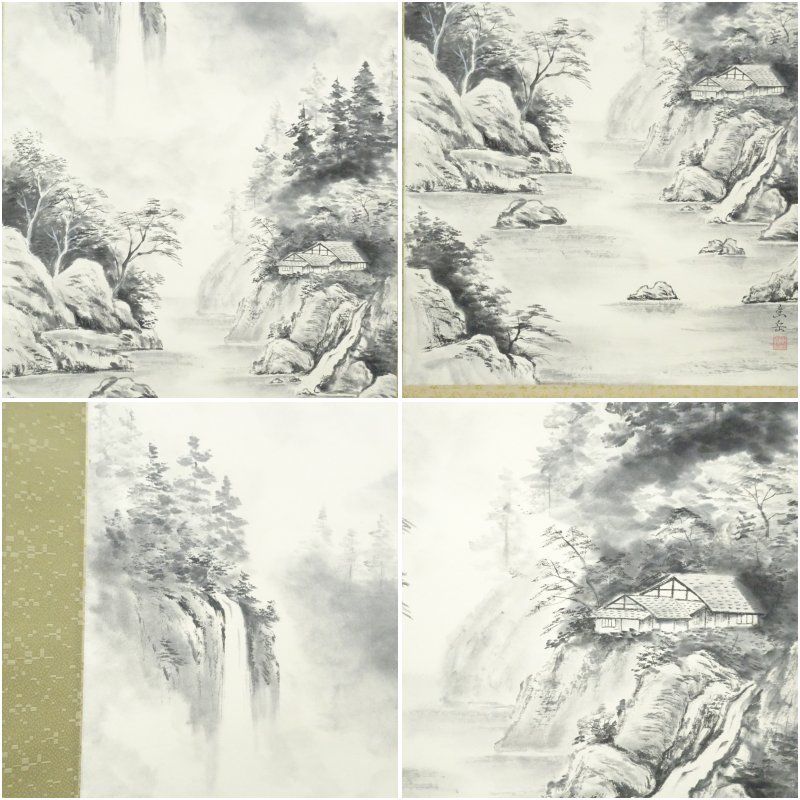 【本表装】肉筆掛け軸水墨画　山水画「山峡帆影」美術品　絵画　和室　茶室　床の間 富士山】水墨の山水画 掛け軸 掛軸 画家の手描き 中国書画 美術