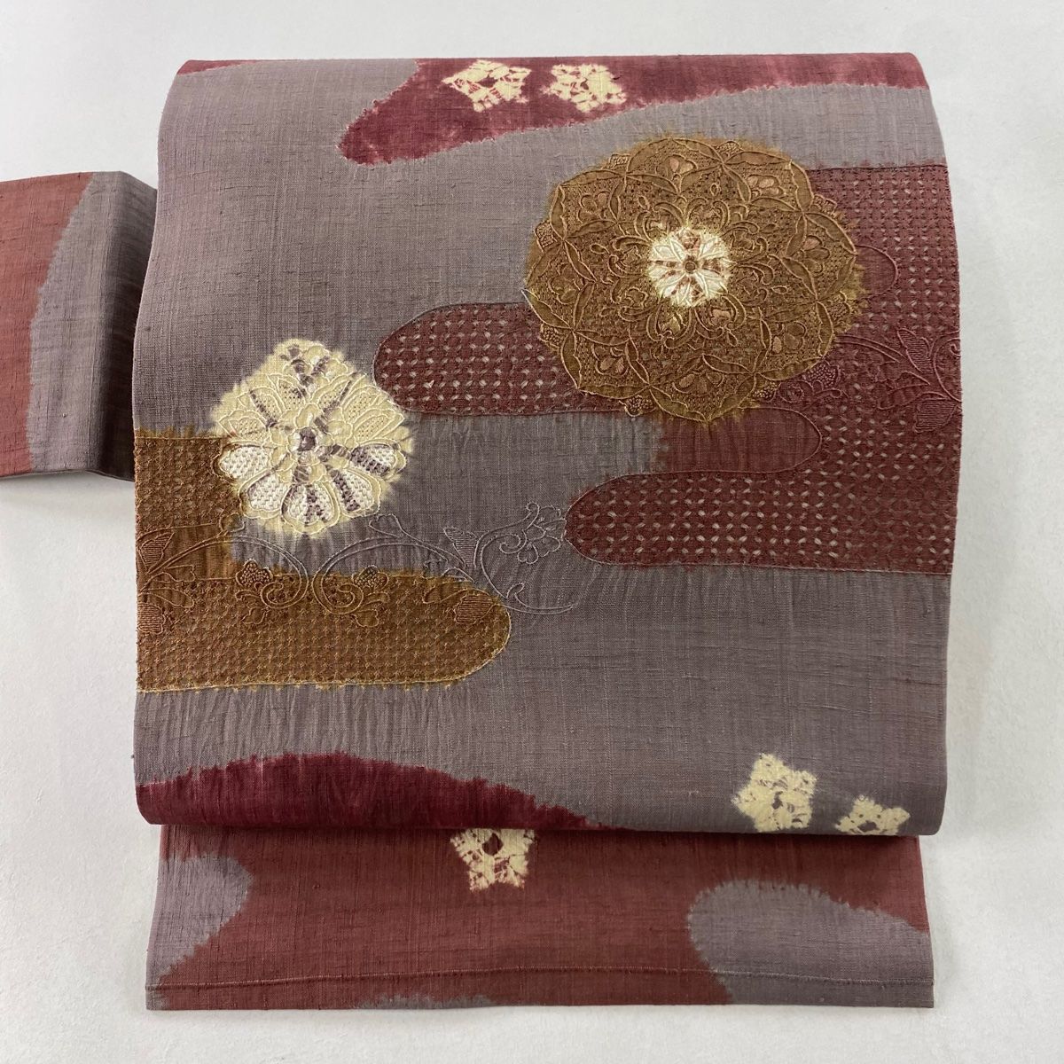 名古屋帯 名品 関西仕立て 華文 霞 絞り 灰紫 正絹
