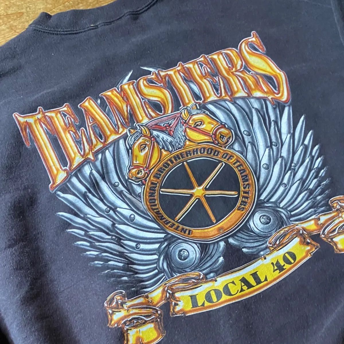 90's  USA製 TEAMSTERS 両面プリントスウェット古着ブラックXL 馬トラックドライバーLOCAL 40