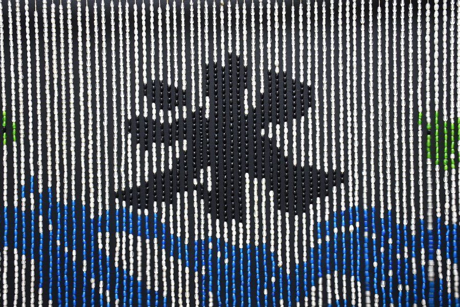 蔵A5593a レトロ ガラスビーズ暖簾 波千鳥の氷 古硝子 大正～昭和初期