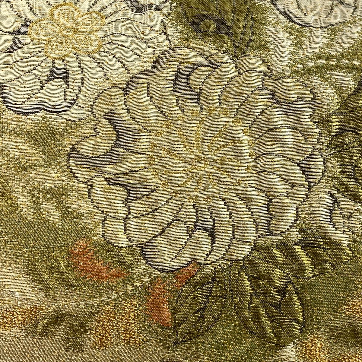 袋帯 秀品 草花 花菱 金糸 箔 茶緑色 六通 正絹