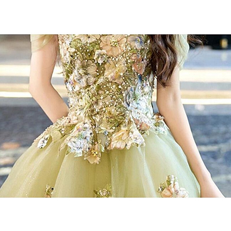 グリーン チュールドレス S 刺繍 花柄 ビジュー付き オフショルダー ボリュームスカート 演奏会 ステージドレス 発表会 ウエディング パーティー WWW_MORNINGWALKER_COM