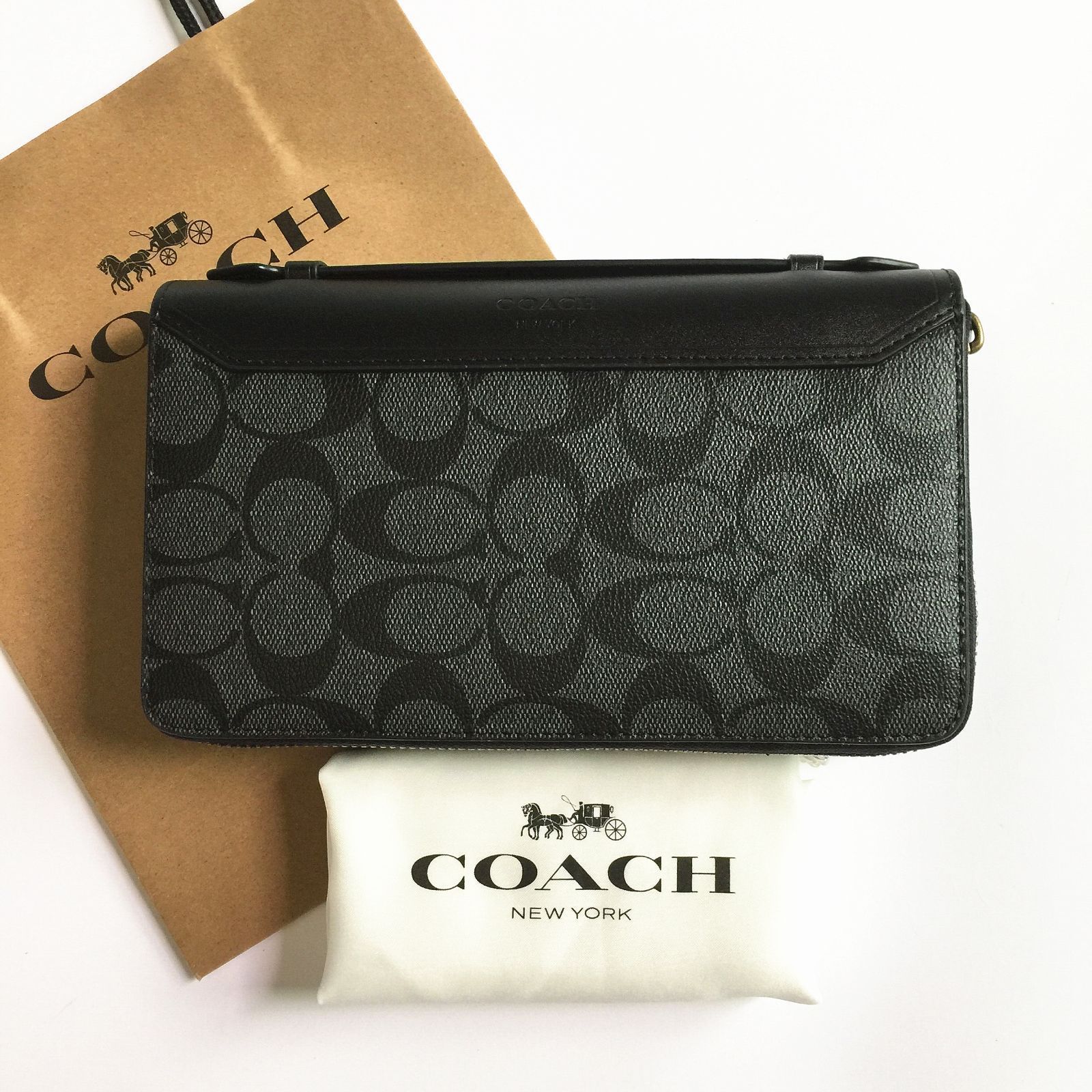 コーチ財布＞COACH/コーチ財布 長財布 F93240 チャコール×ブラック ダブルジップ トラベルオーガナイザー シグネチャー セカンドバッグ  メンズ財布 アウトレット品 紙袋付属 新品未使用 - メルカリ