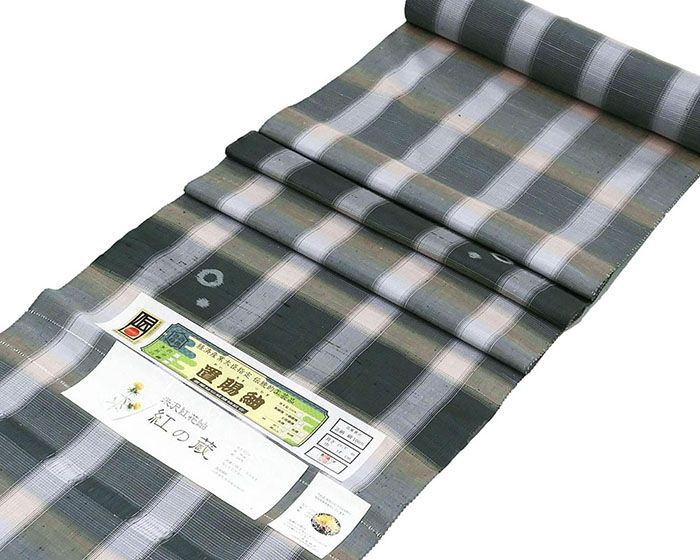 紬 正絹 伝統工芸品 置賜紬 渡源織物謹製 米沢紅花紬 横段 縦縞 丸 反物 着物 未仕立 d2027