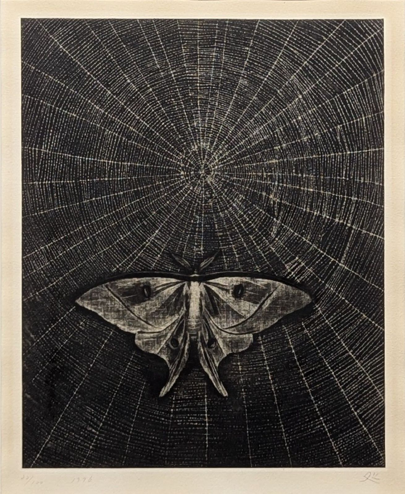 真作 直筆サイン 加山又造 蛾 銅版画 額付