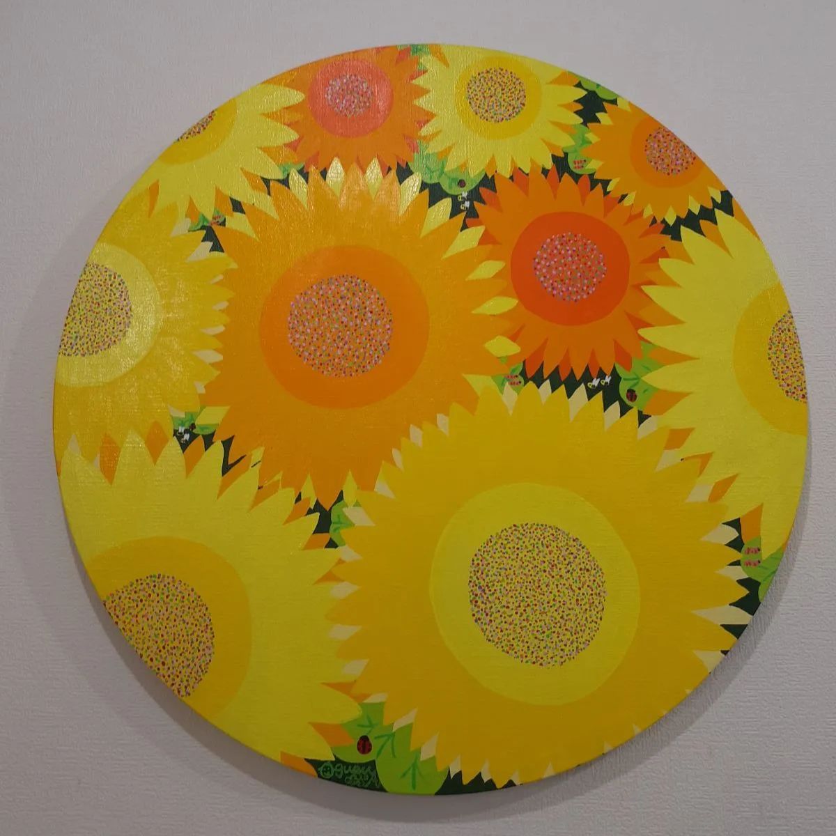 丸いハッピーひまわり畑 10号丸キャンバス 画家 小楠アキコ作品 丸