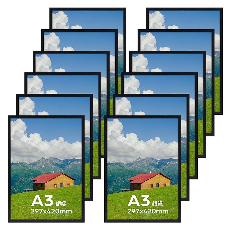 Serwrsw 額縁 軽量 A3 写真 ポスター アート フォトフレーム 壁掛け 29.7x42cm ブラック 12枚 セット