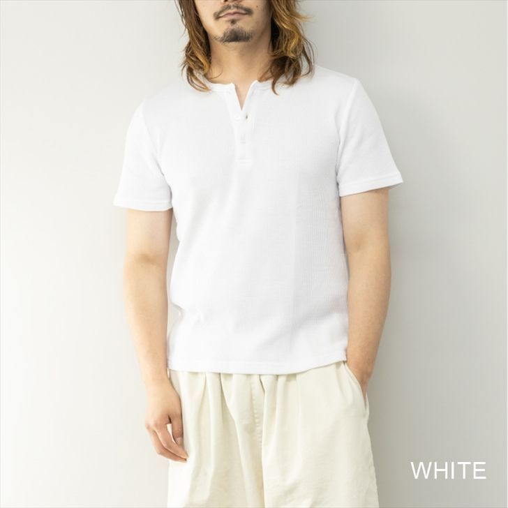 メルカリshops ヘンリーネックtシャツ メンズ 半袖 ワッフル サーマル 半袖tシャツ