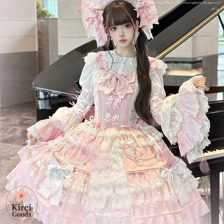 ゴスロリドレス ピンク花嫁ロリータ姫袖 森ガール リボン 宮殿風 夢可愛いお嬢様 ゴスロリドレス ピンク花嫁ロリータ姫袖 森ガール リボン 宮殿風