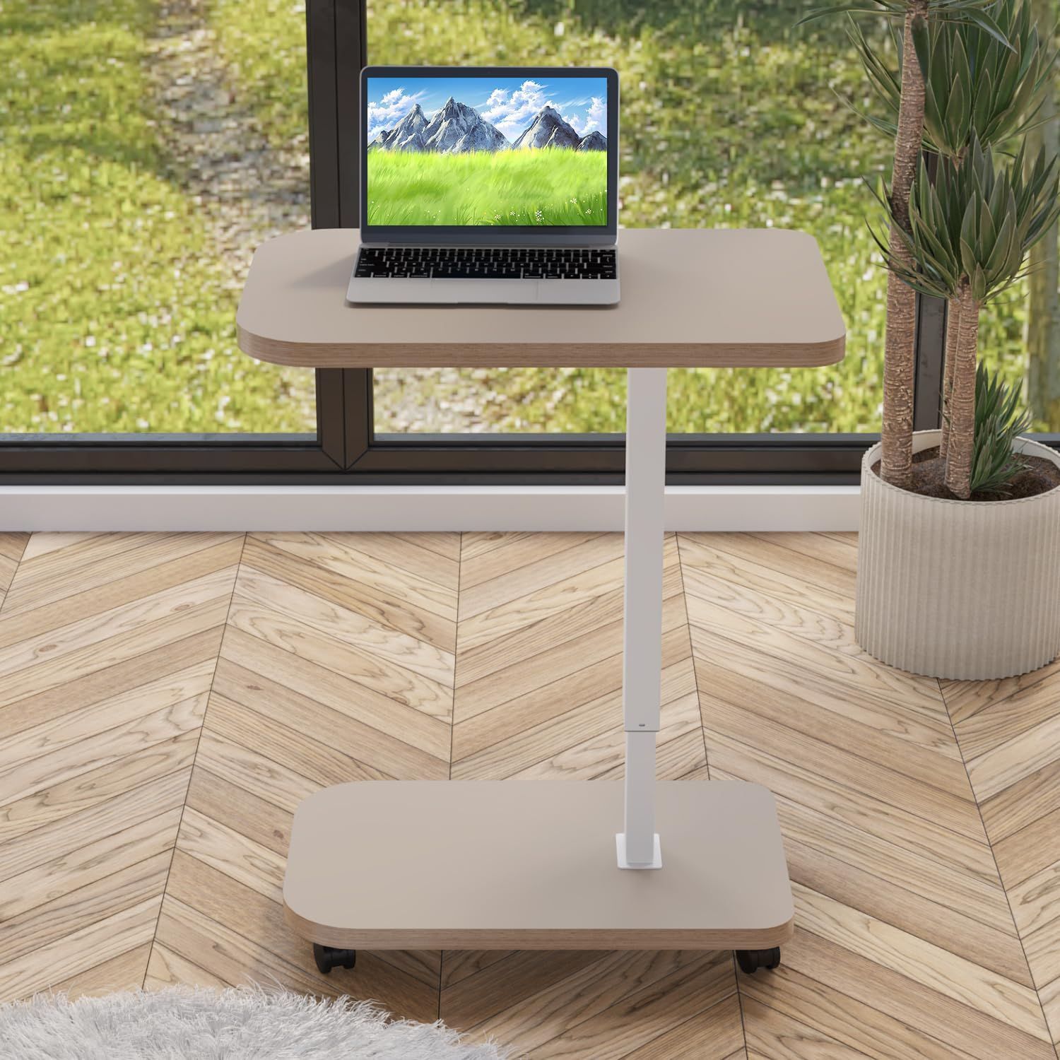 ベッドテーブル PC 幅71CM×奥行46CM 介護 デスク 空圧昇降式 高さ調節 サイドテーブル 高さ72～114cm 昇降式デスク パソコンデスク 茶色 Radlove