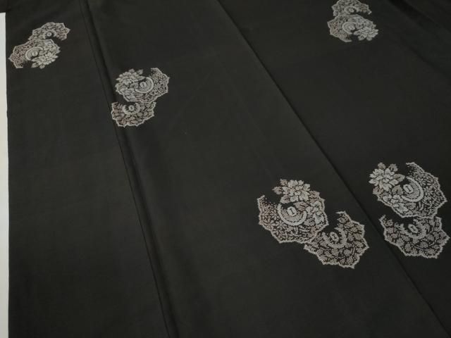 平和屋着物□上質な紬 草花文 黒地 正絹 逸品 AAAK5326Bph