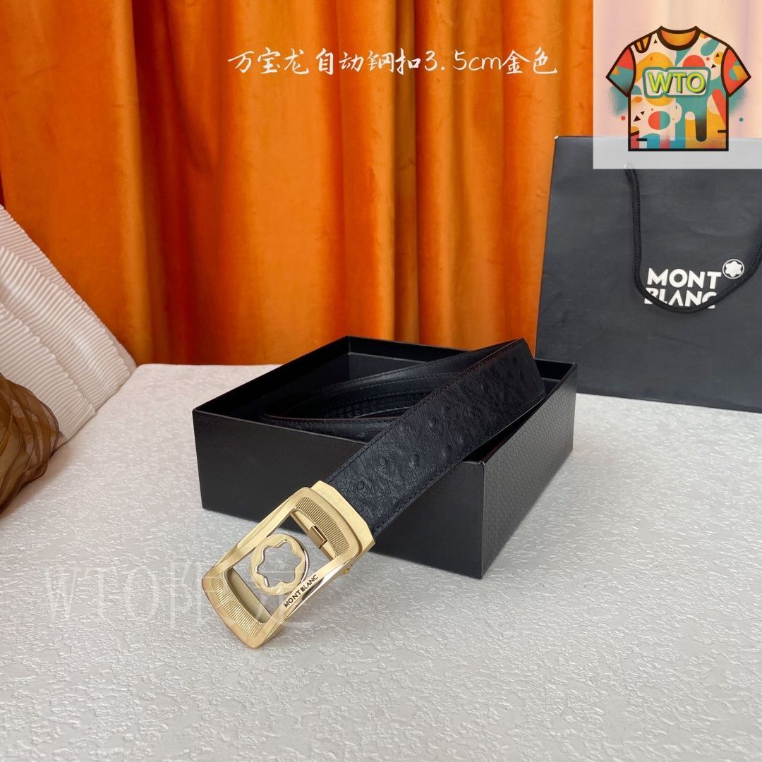 極美品 MONTBLANC モンブラン ベルト レザー シャンパンゴールド サテン仕上げのグリーン レザーベルト、30mm - 高級ベルト