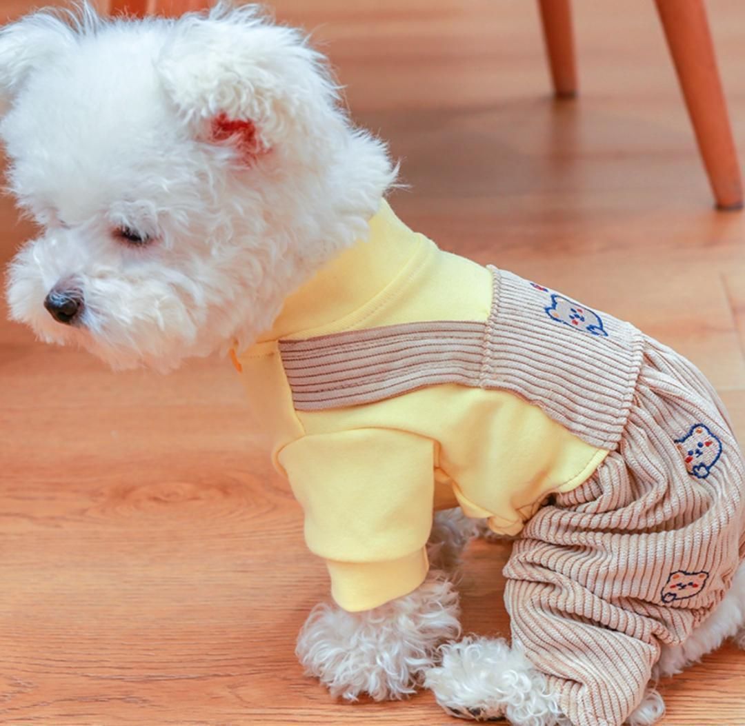犬服 可愛い オーバーオール S XS 黄色 熊さん 刺繍 犬の服 ドッグ