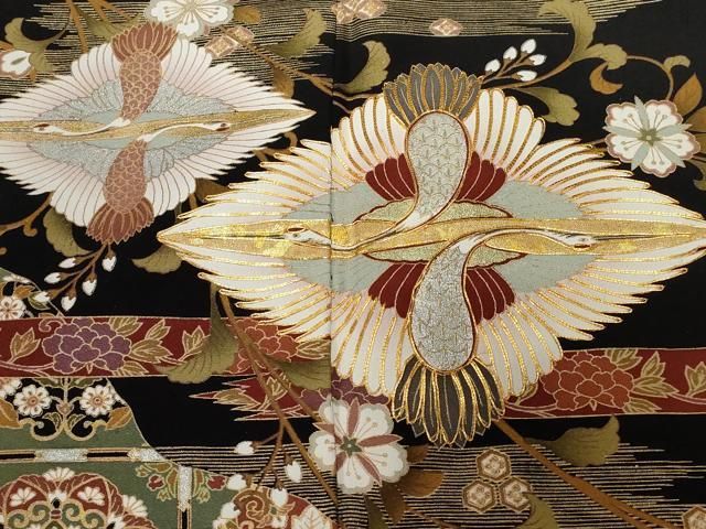 七五三　成駒屋　鶴模様が美しい逸品ポックリ 平和屋本店□最高級 訪問着 駒刺繍 雲取り枝梅文 黒地