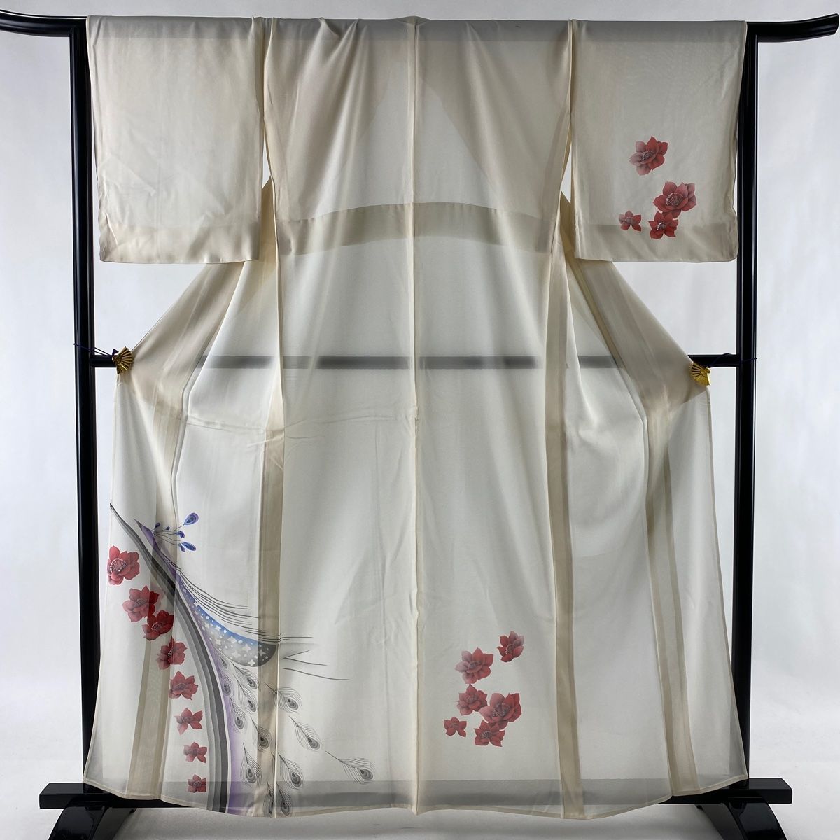 付下げ 美品 秀品 絽 草花 孔雀 銀彩 クリーム 薄物 身丈161.5cm 裄丈