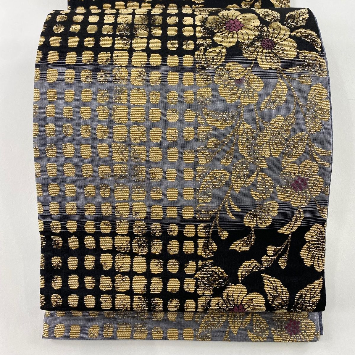 美品】 袋帯 名品 幾何学 箔 黒 六通 正絹 【】 美品 袋帯 名品 幾何