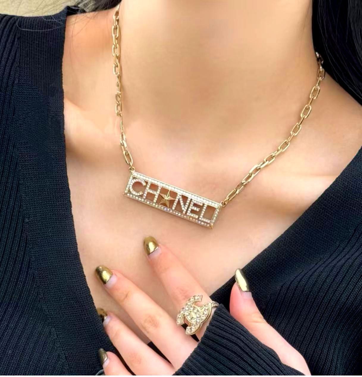 超 ◆本物◆CHANELシャネルアルファベット星スターロゴペンダントラインストーンチェーンGPネックレスチョーカーネックレス刻印あり