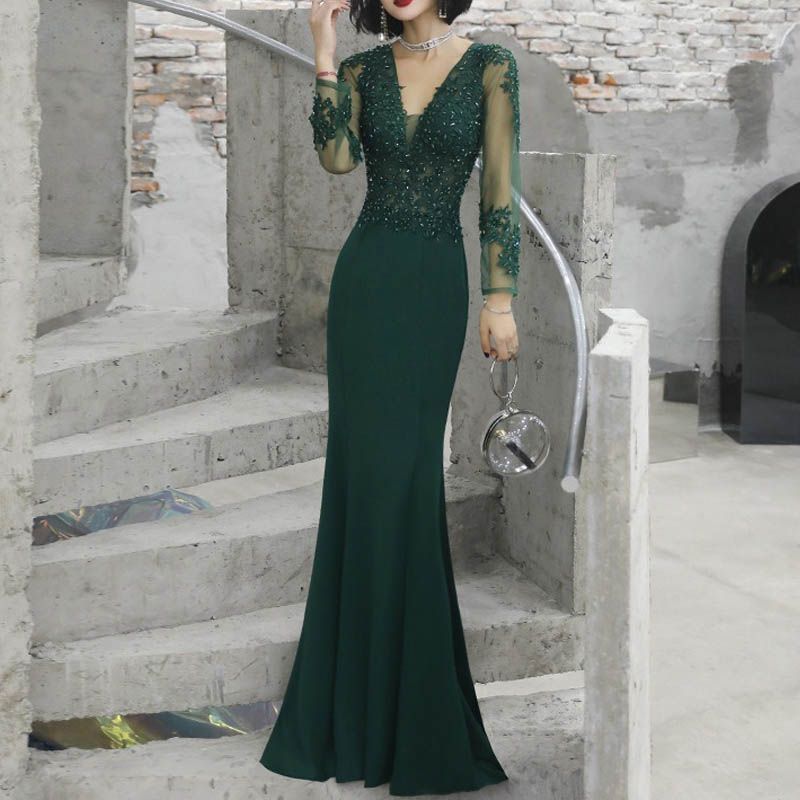 ワンピースです ドレス 大人 ピアノ 発表会 ロングドレス パーティードレス 演奏会ドレス 緑 グリーン ロング 結婚式 マキシ丈 韓国 カクテルドレス イブニング レディ 長袖 Vネック マー