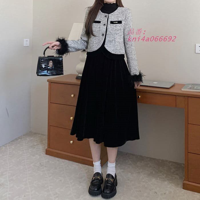 衝撃価格！ 中学生 高校生 レディース ファッション 韓国 ツイード ガー 秋春冬 ワンピース ベロア 10代 20代 ボレロ きれいめ 2点セット フォーマル 長袖 kni4a066692 スリムな