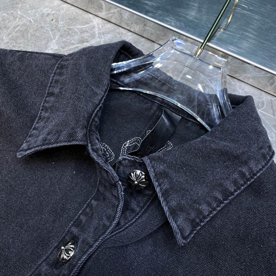 Chrome Hearts - 極美品 CHROME HEARTS クロムハーツ BSフレア レザー パッチ デニムジャケット デニムシャツ サイズM カーキ シルバー925 中古 4b001954 極美品 CHROME HEARTS クロムハーツ BSフレア レザー パッチ