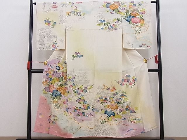 平和屋野田店■訪問着　駒刺繍　御所解花文　暈し染め　金彩　逸品　n-zb0106