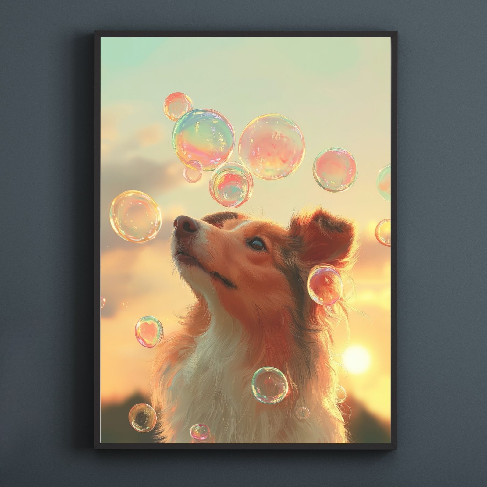 名入れOK 犬とシャボン玉 - ラフコリー シェルティー犬 No.1 アートポスター うちの子記念日 ペットロス 北欧 ナチュラル