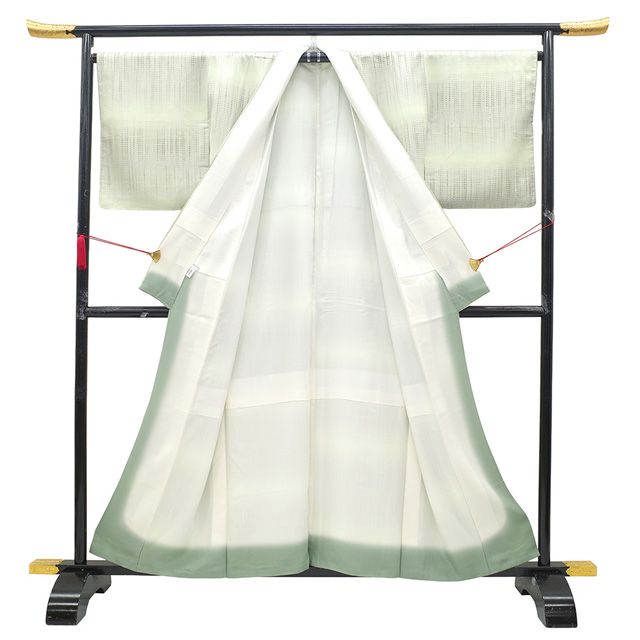 新古品】 御召 着物 未使用 正絹 お召 袷 京都 西陣 先染め 白緑色