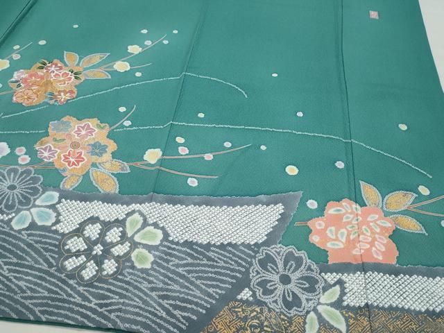 平和屋着物●十日町友禅作家　松雨　訪問着　駒刺繍　草花文　金彩　正絹　逸品　CAAZ8001vf 平和屋着物○十日町友禅作家 松雨 訪問着 駒刺繍 草花文 金彩 正絹
