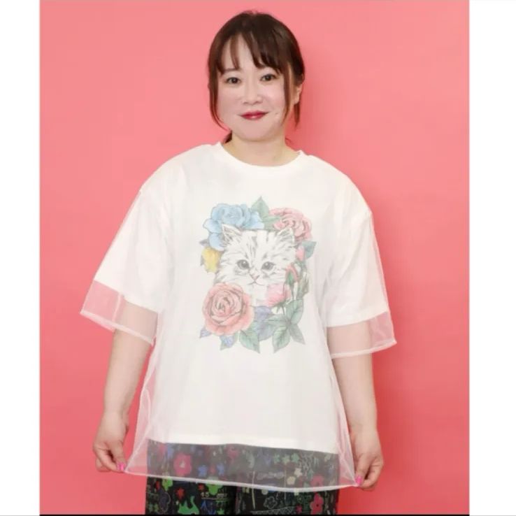 Scolar 花とネコちゃん柄 チュール重ねプルオーバー