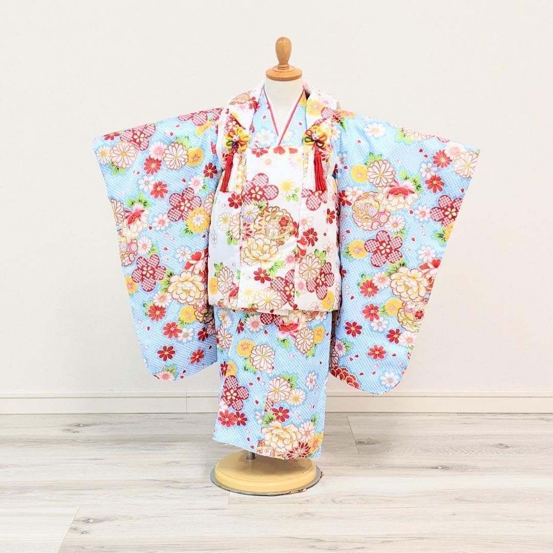 女の子 七五三 3歳 被布 着物セット 青 水色 白 古典 桜 絞り柄 s15