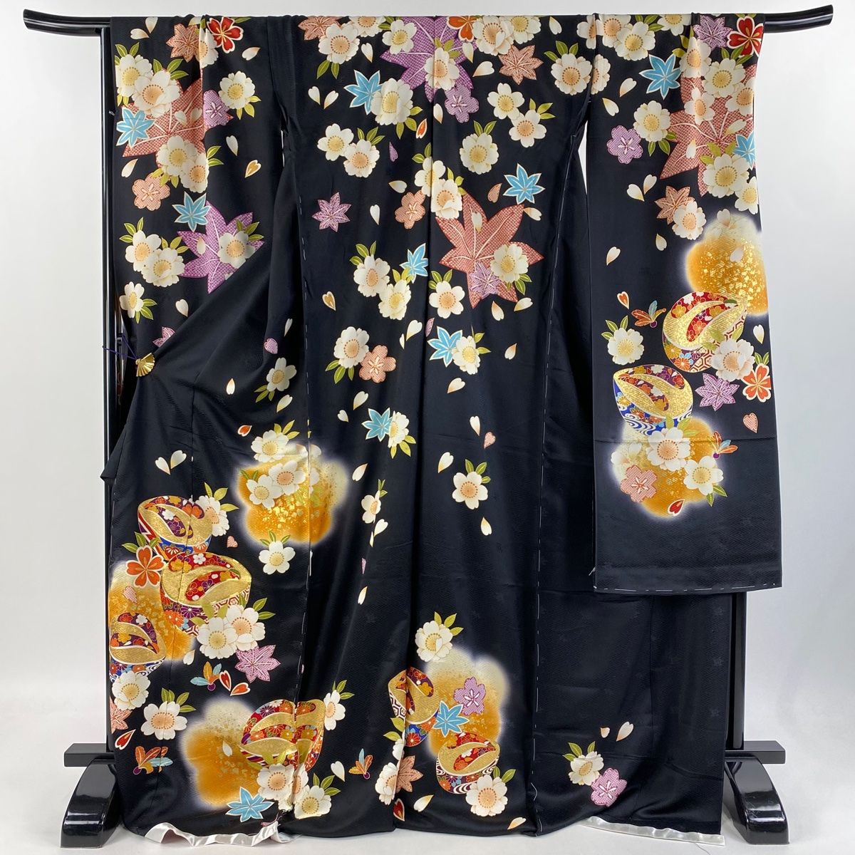 美品 振袖 牡丹 桜 吉祥花 黒 金彩加工 トールサイズ 身丈177cm 正絹 楽天市場】【成人式 振袖 レンタル】RS1359 正絹 黒 豪華金彩