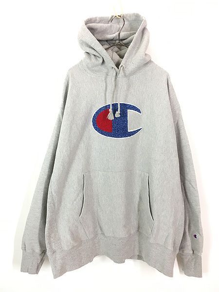 古着 Champion Reverse Weave ロゴ BIG パイル ワッペン リバース スウェット パーカー グレー L 古着 