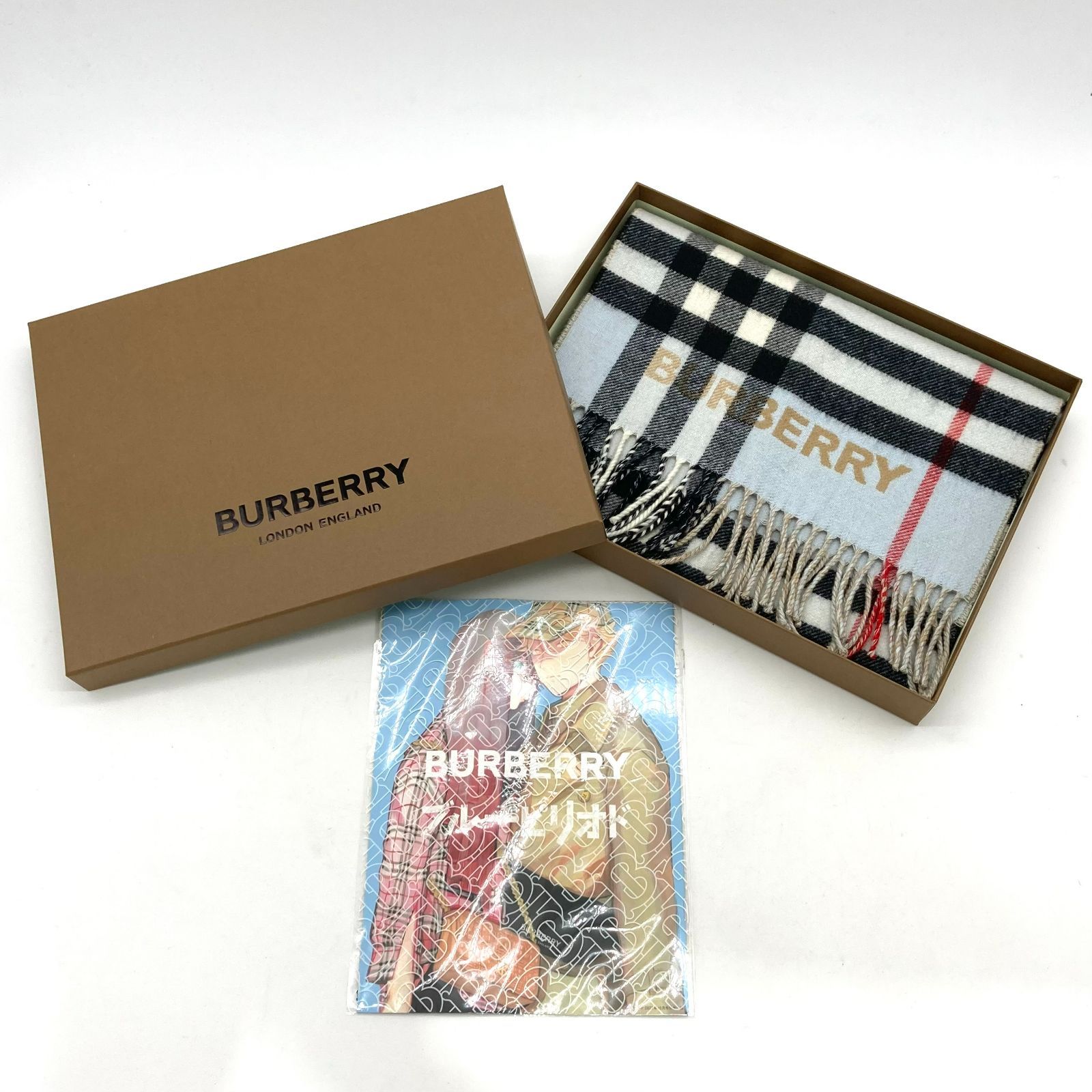 ▽BURBERRY/バーバリー ロゴチェック柄 マフラー カシミヤ ブルー 水色